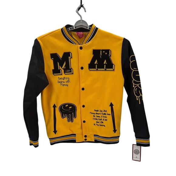 Ring of Fire MONEY MAKER WOOLEN PATCHED VARSITY JACKET black yellow size xl - Picture 1 of 6